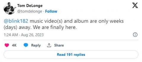 Tom DeLonge Tweet über neues Album